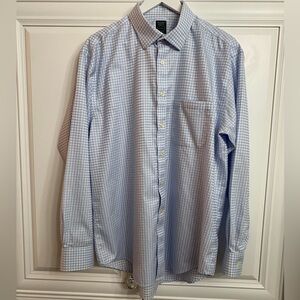 Pronto Uomo Men’s Size 17 34/35 Blue White Long Sleeve Dress Shirt Non Iron Top
